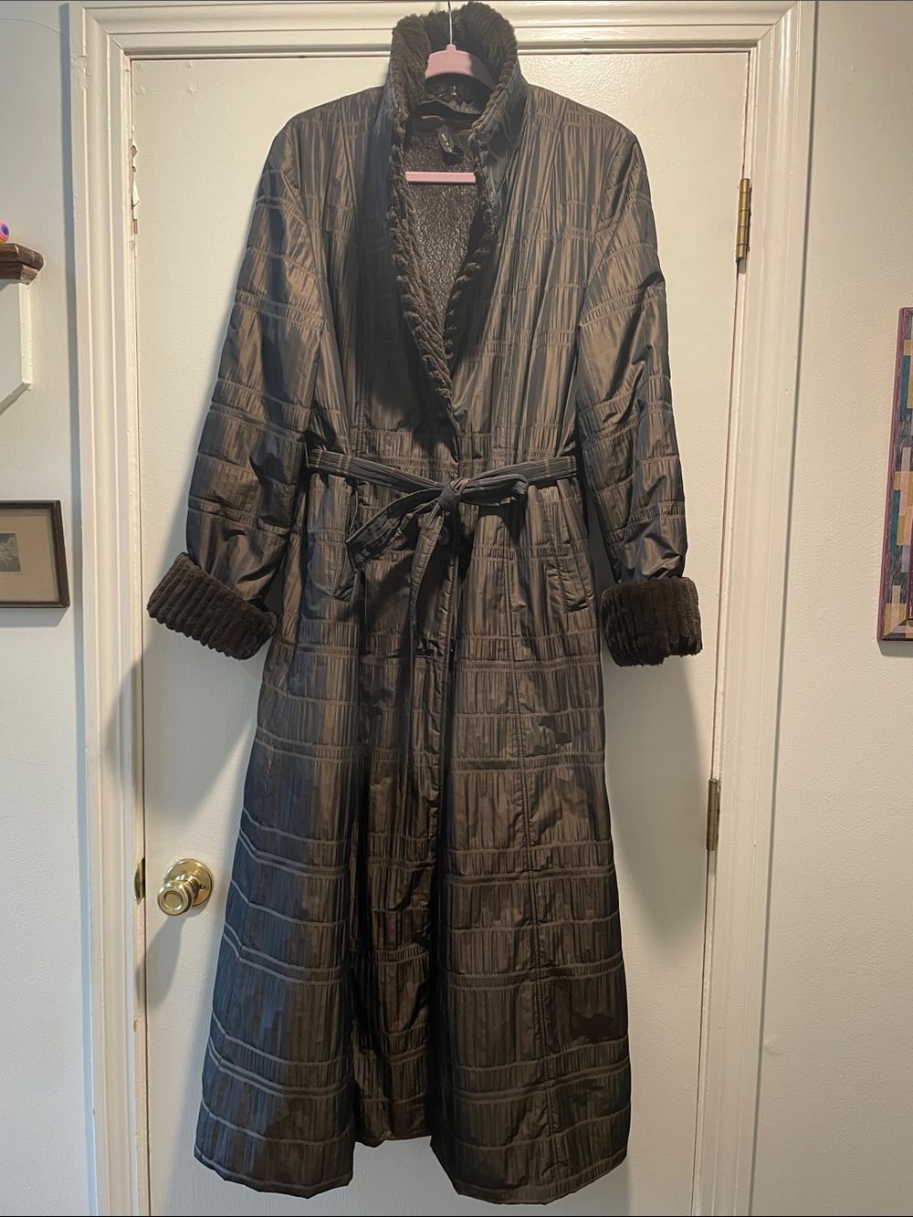 O'2nd Vintage Y2K Iridescent Quilted Trench Coat with Faux Fur Collar & Cuffs